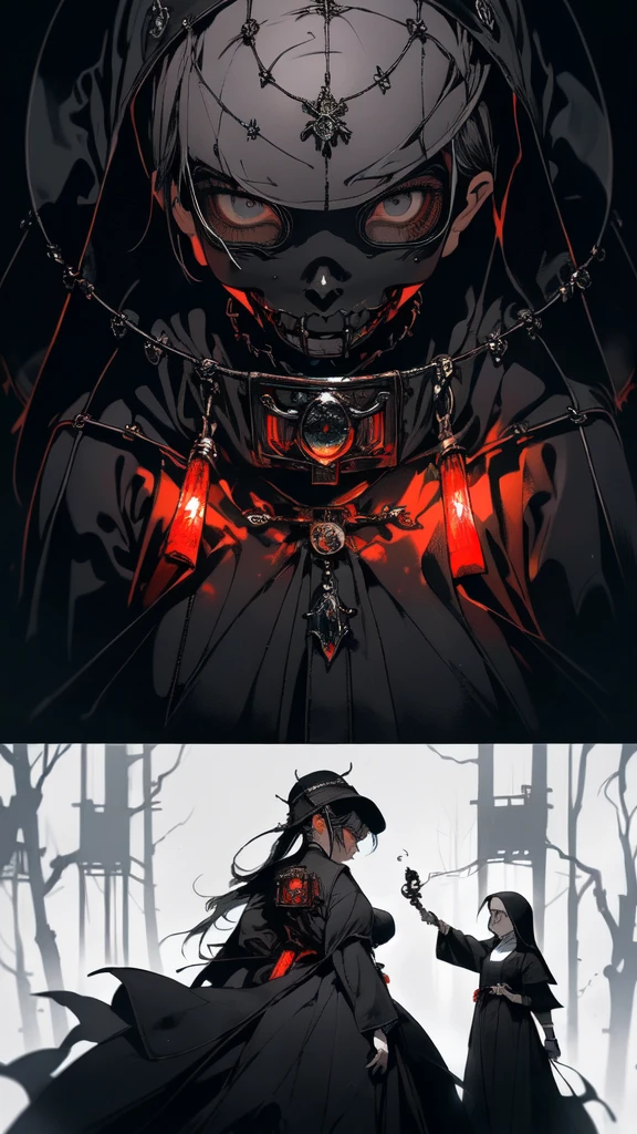 (masterpiece, Highest quality), (One Woman), (Surreal:1.6), (sharp), (8K resolution), (Cinema Lighting), color: Dark and gloomy, (Ghostly), (intense expression), (Spooky atmosphere), (Cartoon-like atmosphere),(Grainy), (Dramatic Shadows), (Dynamic pose), (an ominous雰囲気), (artistically renのred), (an ominous), (Enchanting), (Gothic), (Mysterious Setinodi Color Palette), (Skillfully drawn), (Feelings of anxiety), (intricate のtailing), (an ominous smile), (an ominous), (Enchanting eyes), (Horror elements), (Enchanting composition), (Impressive anatomy),(Striking contrast), (an ominous mood), (Exquisite craftsmanship), (Nuns), classic Nuns wear, (黄colorい目:1.5), Colored Glasses