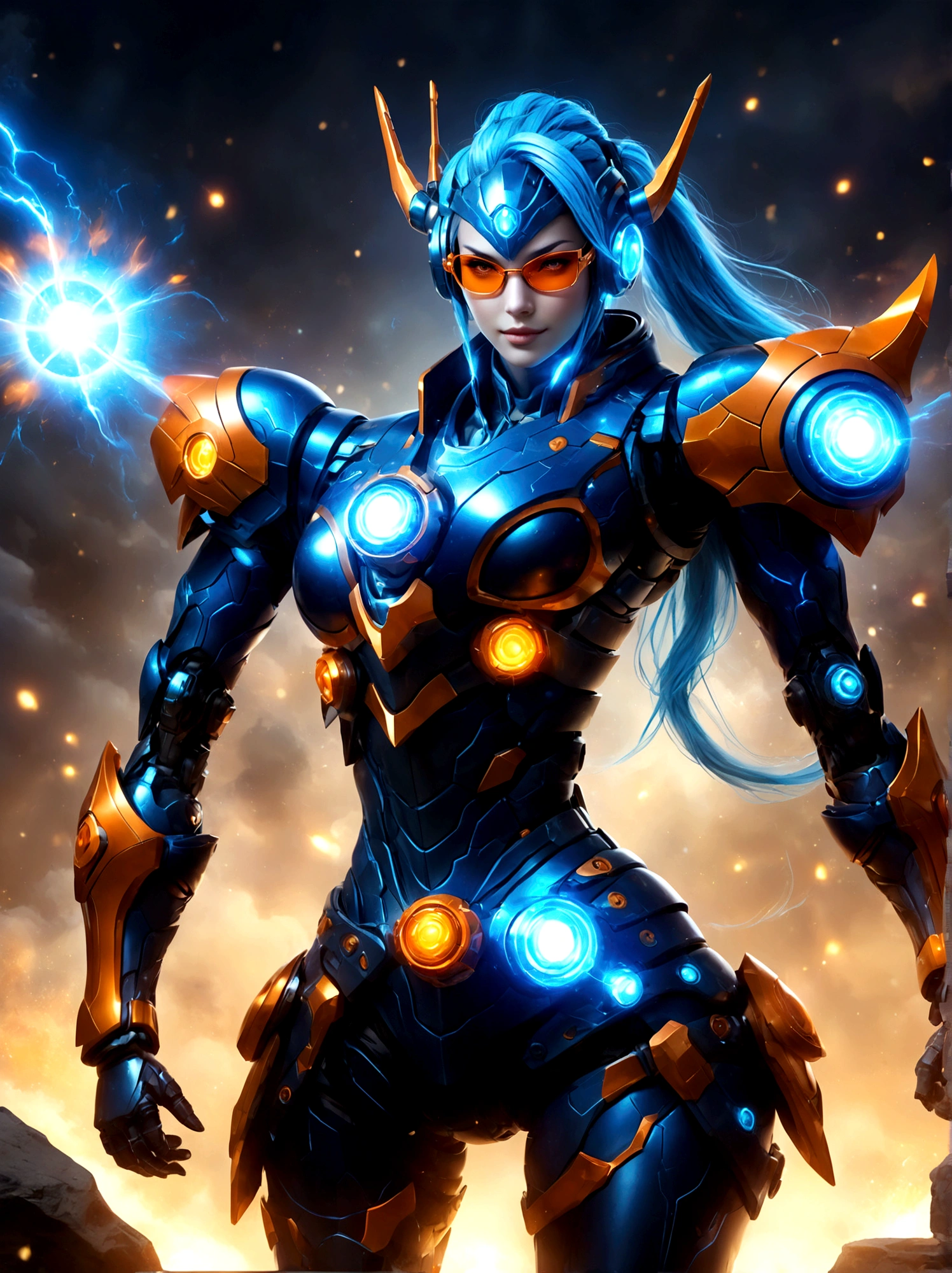 Game character design，3D character rendering，(((Vector illustration, flat illustration)))，League of Legends Jinx，((1girl，Blue double ponytail，Red eyes，big laughter，future warrior，Mechanical Warframe，Decorated with luminous lines and rivets，With streamer effect or LED light embellishment，Laser cannon、Ion cannon or pulse cannon))，((hair design：Brilliant deep blue，Add some glowing elements，Futuristic headgear such as orange photoelectric glasses or head-mounted display))，((Expression design：Add some glowing lines or orange LED light effects to the facial decoration，Design different facial expressions，Highlight the image of future warriors))，(action design：On the move、When releasing a skill or attacking，Add some special effects and animations，Highlight the sense of future and combat)，((Special effects design：Add cool orange light effects、Electromagnetic wave effect or virtual interface，Enhance the visual impact of skin)), ((standing on your feet，Metal heels, Glowing lines or orange LED light effect)), (full body shot of: 1.5)，jinx (league of legends)