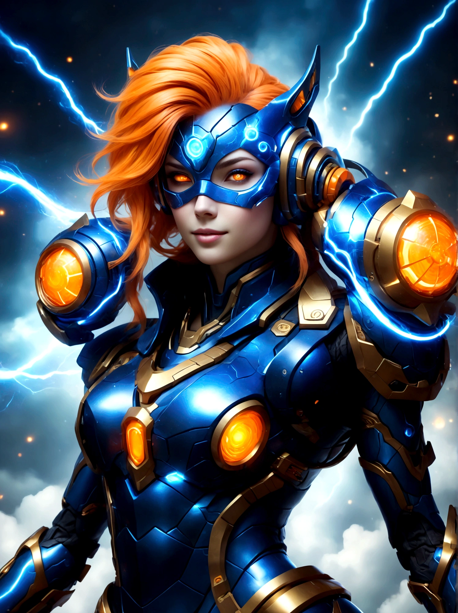 Game character design，3D character rendering，(((Vector illustration, flat illustration)))，League of Legends Jinx，((1girl，Blue double ponytail，Red eyes，big laughter，future warrior，Mechanical Warframe，Decorated with luminous lines and rivets，With streamer effect or LED light embellishment，Laser cannon、Ion cannon or pulse cannon))，((hair design：Brilliant deep blue，Add some glowing elements，Futuristic headgear such as orange photoelectric glasses or head-mounted display))，((Expression design：Add some glowing lines or orange LED light effects to the facial decoration，Design different facial expressions，Highlight the image of future warriors))，(action design：On the move、When releasing a skill or attacking，Add some special effects and animations，Highlight the sense of future and combat)，((Special effects design：Add cool orange light effects、Electromagnetic wave effect or virtual interface，Enhance the visual impact of skin)), ((standing on your feet，Metal heels, Glowing lines or orange LED light effect)), (full body shot of: 1.5)，jinx (league of legends)