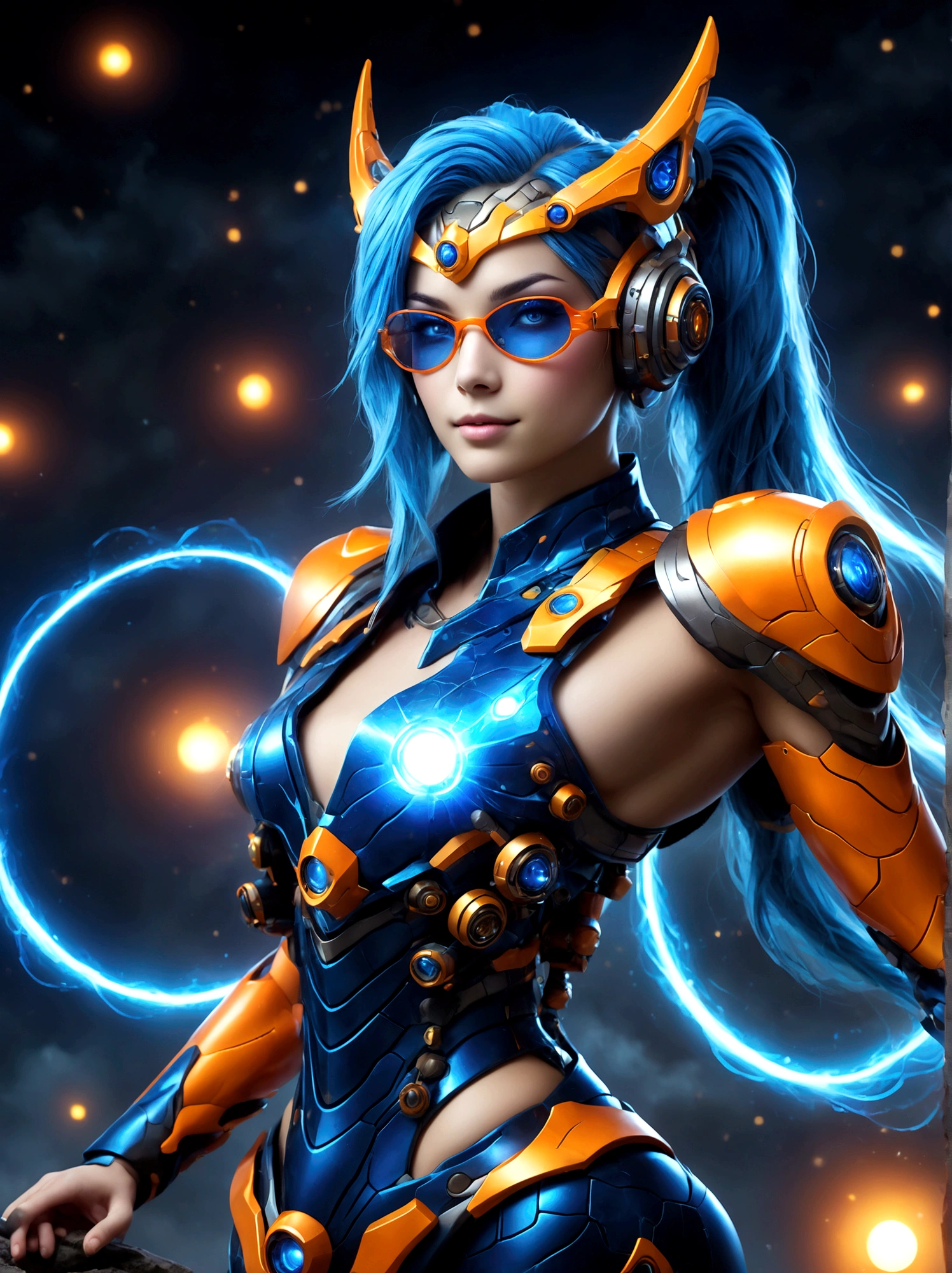 Game character design，3D character rendering，(((Vector illustration, flat illustration)))，League of Legends Jinx，((1girl，Blue double ponytail，Red eyes，big laughter，future warrior，Mechanical Warframe，Decorated with luminous lines and rivets，With streamer effect or LED light embellishment，Laser cannon、Ion cannon or pulse cannon))，((hair design：Brilliant deep blue，Add some glowing elements，Futuristic headgear such as orange photoelectric glasses or head-mounted display))，((Expression design：Add some glowing lines or orange LED light effects to the facial decoration，Design different facial expressions，Highlight the image of future warriors))，(action design：On the move、When releasing a skill or attacking，Add some special effects and animations，Highlight the sense of future and combat)，((Special effects design：Add cool orange light effects、Electromagnetic wave effect or virtual interface，Enhance the visual impact of skin)), ((standing on your feet，Metal heels, Glowing lines or orange LED light effect)), (full body shot of: 1.5)，jinx (league of legends)