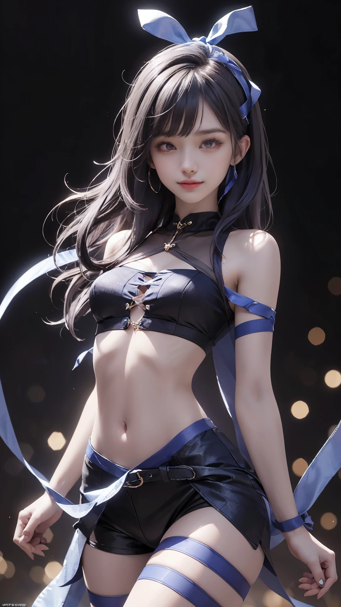 (ultra-realistic realism), (illustratio), (A high resolution), (8K), (The is very detailed), (Best Illustration), (Beautifully detailed eyes), (top-quality), (ultra - detailed), (tmasterpiece), (the wallpaper), (A detailed face), solo, 1 girl in, looking at viewert, finedetail, A detailed face, in the darkness nigth, deep shading, low tune, pureerosfaceace_V1, A smile, blue shawl ,straight hair, 46-point diagonal bangs, (Silk clothing, short clothing, strips), (strips:1.5), (strait ribbon:1.5), (cropped shoulders), The view of the night city,Light pastel coloured outfit,Nipples,streaks,Small breasts,near-flat chest,Very small hips,Very thin waist,Very thin legs,Very thin thighs,