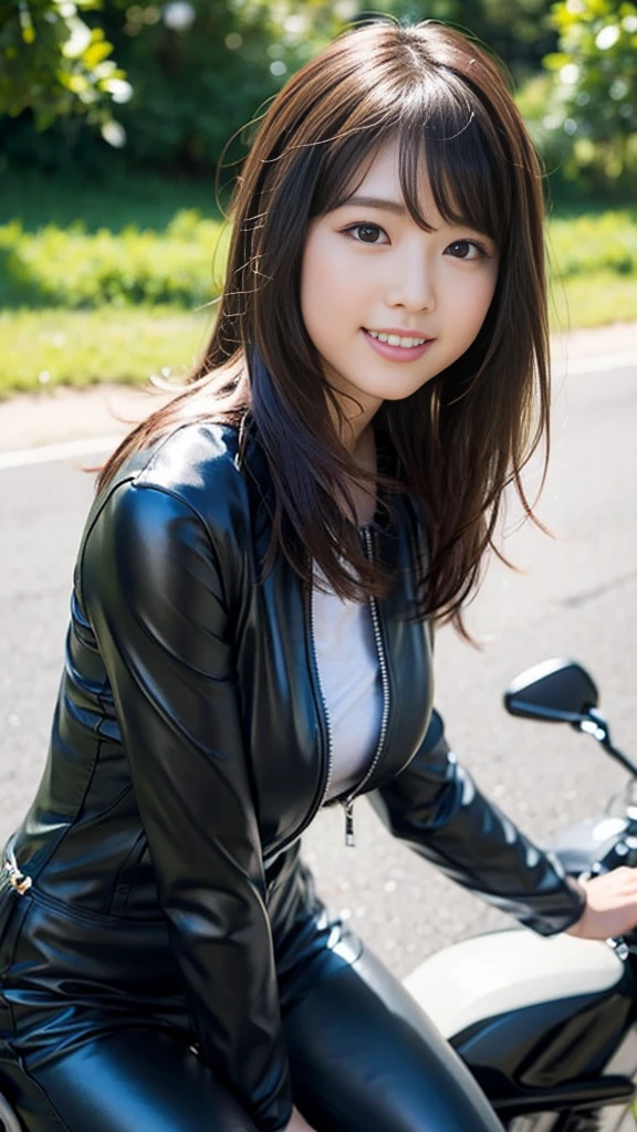 Close-up of a cute Japanese girl riding a motorcycle,Wearing leather jumpsuits、Japanese big bikes、
