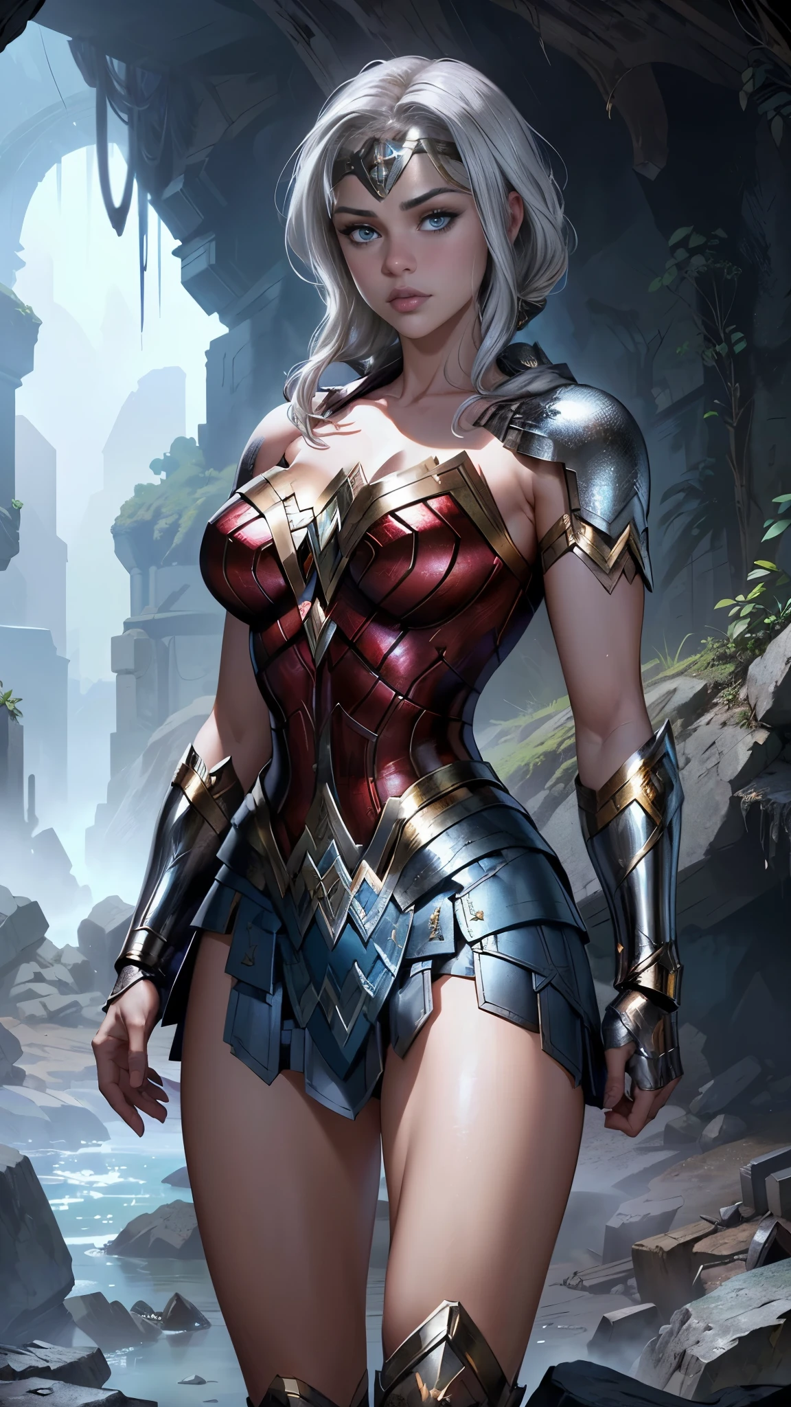 (La Best Quality,A high resolution,ultra detailed,actual),Selena Gomez is wonder woman with short white plaid skirt shein , and a white plaid crop top , ,(Ruined dungeon ruins background:1.4 ),(white gray hair :1.4), 8K more detailed.unreal engine:1.4,UHD,La Best Quality:1.4, photorealistic:1.4, skin texture:1.4, Masterpiece:1.8,first job, Best Quality,object object], (detailed facial features:1.3),(The correct proportions),(beautiful blue eyes),  (cowboy pose),( Selena Gomez :1.4), (short white plaid skirt shein :1.4), Estilo de epic fantasy art HD, 4K fantasy art, epic fantasy digital art style, epic fantasy art style, fantasy woman, epic fantasy art portrait, epic fantasy style, hyperrealistic fantasy art, fantasy art in high definition, Epic fantasy character art.., epic fantasy art, in dark fantasy art style, epic fantasy digital art, (perfect anatomy :1.4), (Amazonian warrior style :1.4), (background large wild plants :1.4), (black buffalo leather style :1.4), (background big stones cave cavern lava :1.4), (fantasy spooky enchanted forest night :1.4), (armadura wonder woman white :1.4), (armadura wonder woman V2.1), (bright colors V2.1),( cinematic lighting :1.4) 
