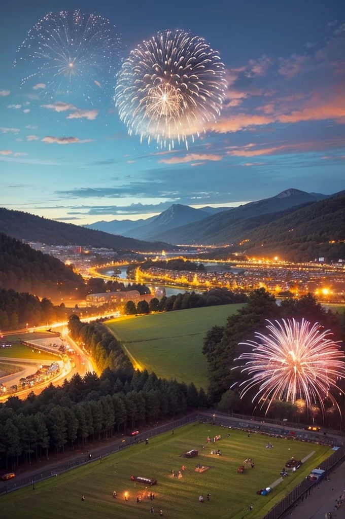 Please draw a landscape painting of a festival where fireworks are being set off, without depicting any people.