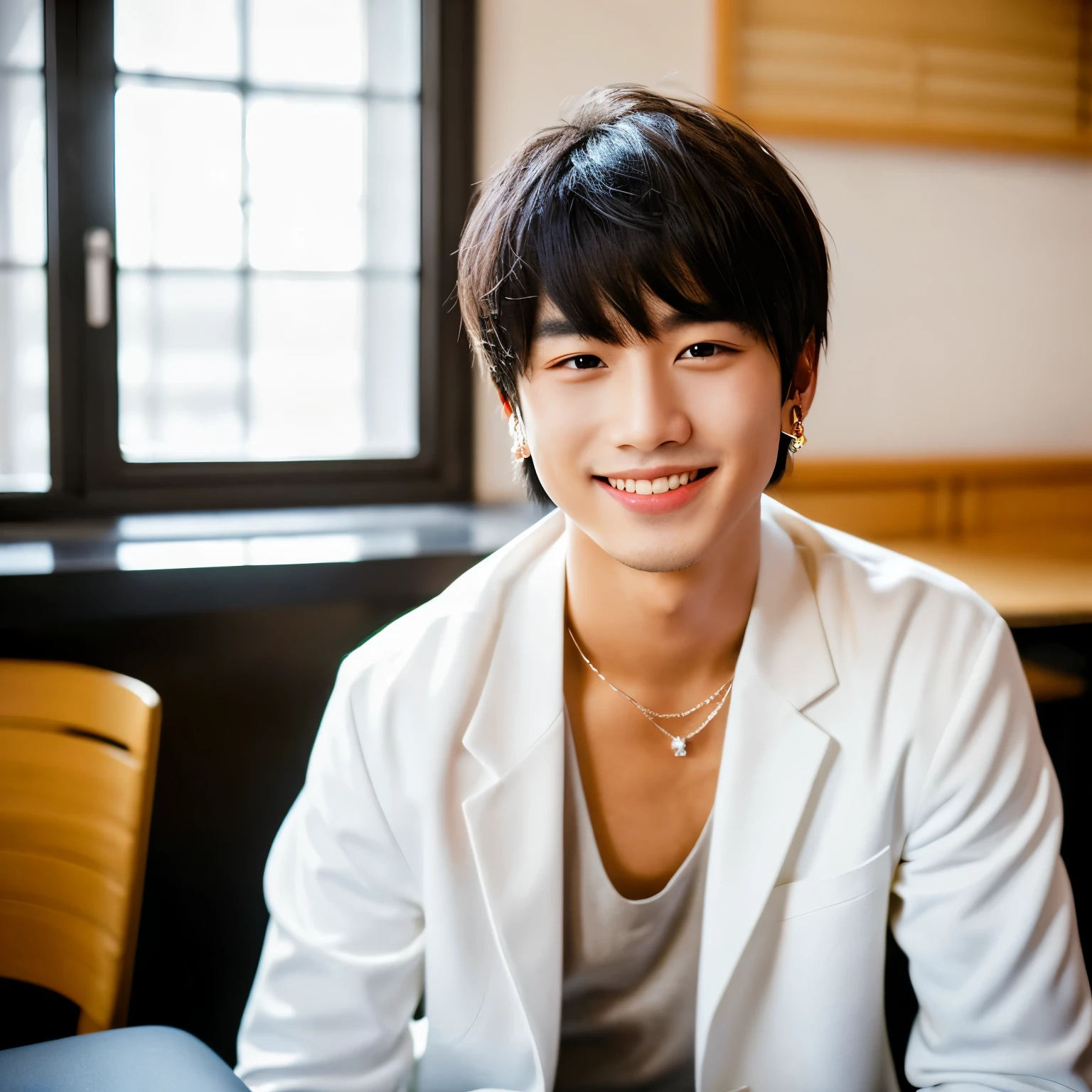 Portrait of a young Asian man, short black hair with bangs, bright smile, white blazer, black turtleneck, earring, pale skin, friendly expression, indoor lighting, candid shot, high-quality photo