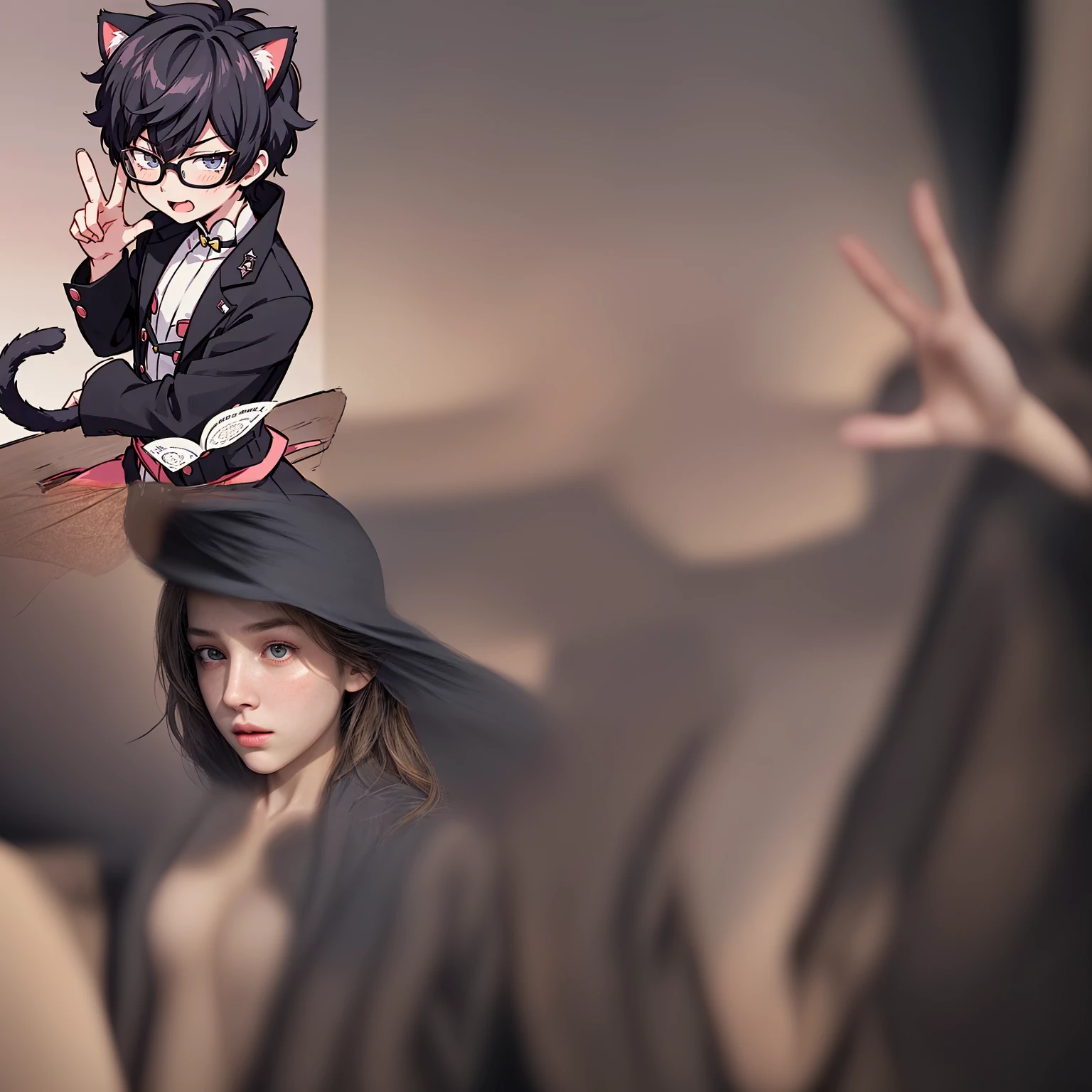 beautiful girl making gesture, indoor scene, photorealistic, high detail, dramatic lighting, cinematic composition, volumetric lighting, soft diffuse lighting, warm color tones, detailed facial features, intricate clothing folds, natural poses, dynamic action, realistic textures, studio quality, digital art