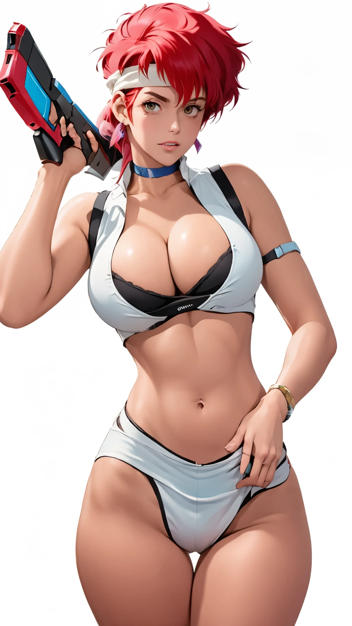 ((Masterpiece, highest quality; 1.3)), super quality, beautiful detail, super detailed, extra fine, 16K, exquisite, absurd, high resolution, beautiful background, detailed background, beautiful eyes, beautiful skin, anime style, Kay from Dirty Pair in a white outfit, tight outfit, cleavage, bushy redhead beauty, very light blue uniform, wearing tight clothes, skimpy, (mid chest: 1.2), cleavage, cleavage, slim waist , thin waist, slim thighs, thin legs, slim legs. thigh gap, showing stomach, skinny, thin hips, cyberpunk city background, holding retro space gun , headband,