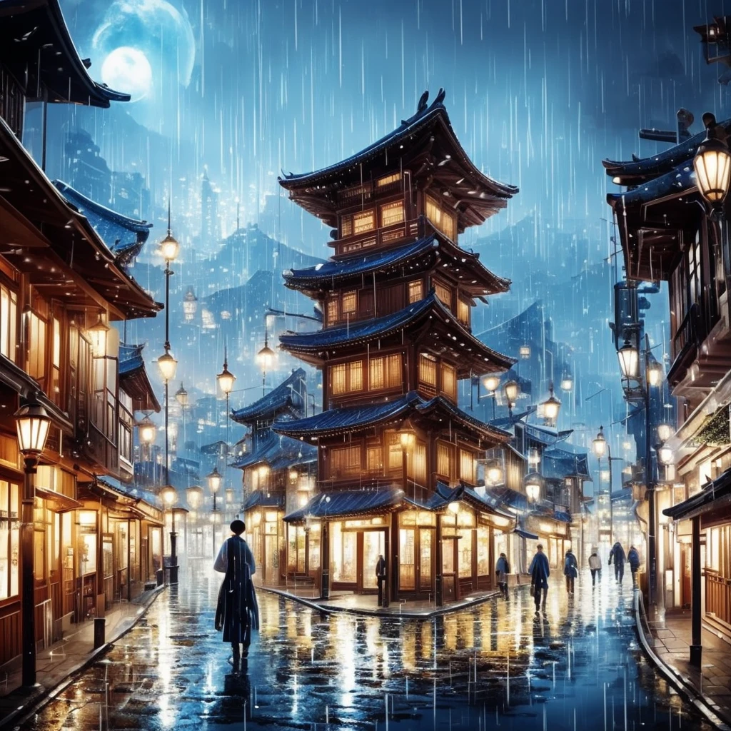 A view of the village with many lights on the buildings, A dreamlike city in Korea, , Awesome Wallpapers, Japanese Street, Japanese Village, 超リアルな町のphotograph, Old Asian Village, Japanese cities, Raymond Han, Rainy night, Cyberpunk Chinese Ancient Castle, beautifully照らされた建物, Rainy Evening, beautifully、aesthetic, photograph, Cinematic, 8K, Detailed ((heavy rain)))