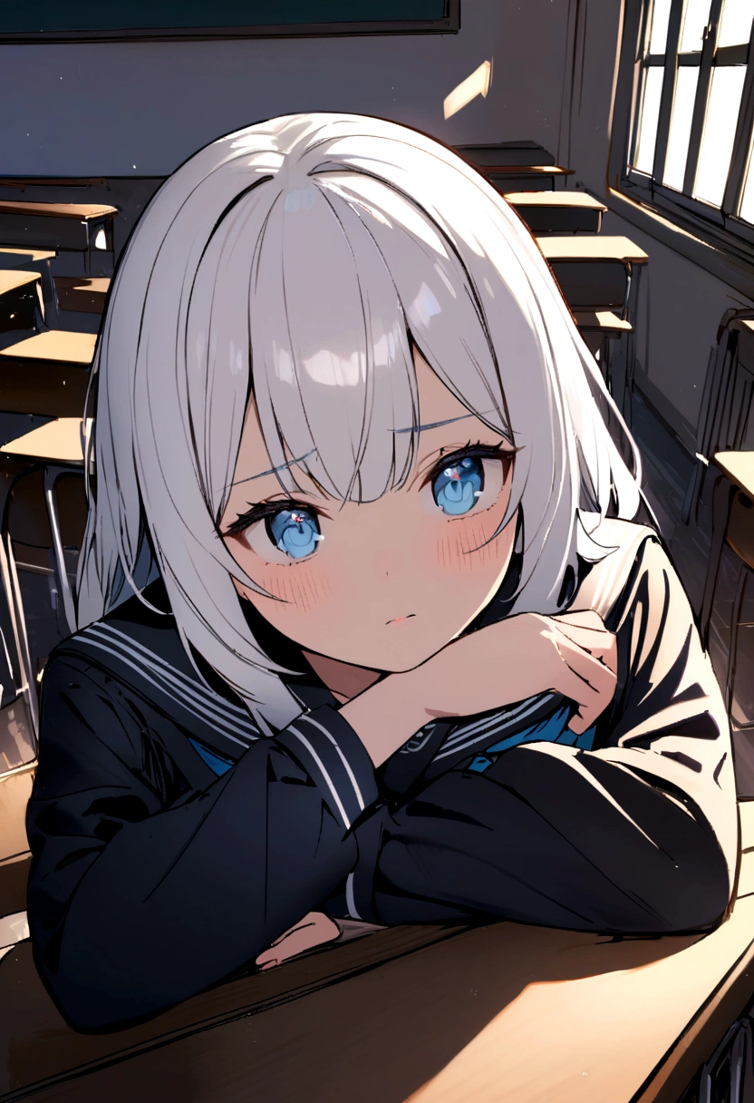 A girl with white hair, light skin, light blue eyes, wearing a sailor fuku sitting at her desk in a classroom and wearing a black sailor fuku