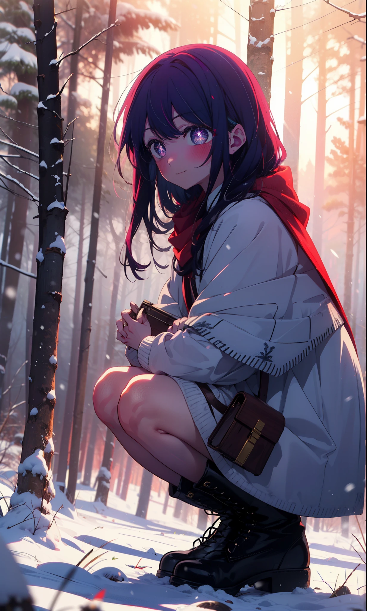 aihoshino, Ai Hoshino, Long Hair, bangs, (Purple eyes:1.1), Purple Hair, (Symbol-shaped pupil:1.5), smile,,smile,blush,White Breath,
Open your mouth,snow,Ground bonfire, Outdoor, boots, snowing, From the side, wood, suitcase, Cape, Blurred, , forest, White handbag, nature,  Squat, Mouth closed, Cape, winter, Written boundary depth, Black shoes, red Cape break looking at viewer, Upper Body, whole body, break Outdoor, forest, nature, break (masterpiece:1.2), Highest quality, High resolution, unity 8k wallpaper, (shape:0.8), (Beautiful and beautiful eyes:1.6), Highly detailed face, Perfect lighting, Extremely detailed CG, (Perfect hands, Perfect Anatomy),