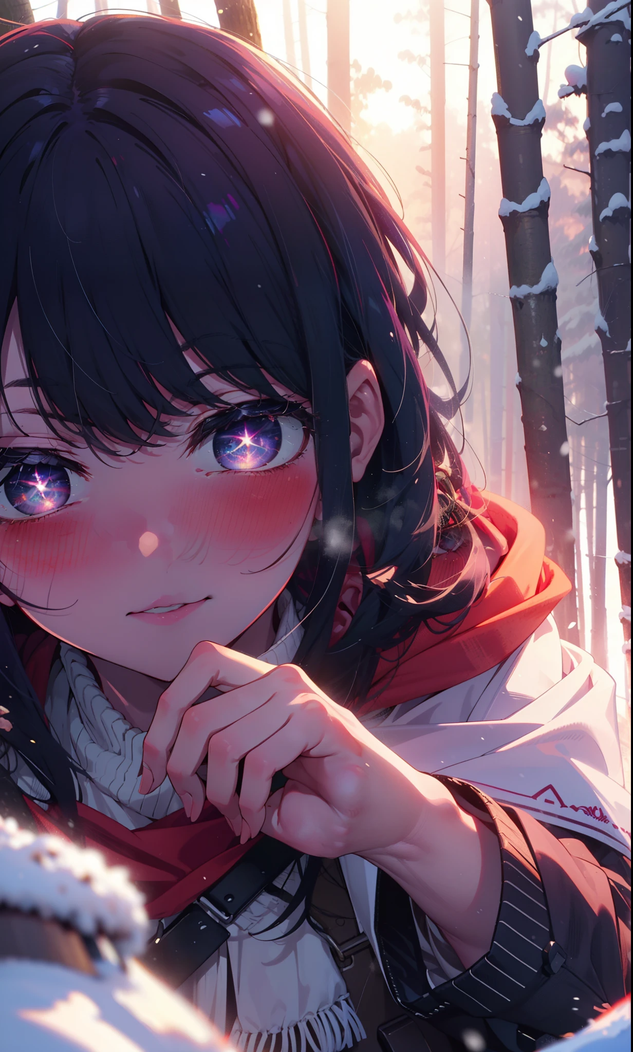 aihoshino, Ai Hoshino, Long Hair, bangs, (Purple eyes:1.1), Purple Hair, (Symbol-shaped pupil:1.5), smile,,smile,blush,White Breath,
Open your mouth,snow,Ground bonfire, Outdoor, boots, snowing, From the side, wood, suitcase, Cape, Blurred, , forest, White handbag, nature, Squat, Mouth closed, Cape, winter, Written boundary depth, Black shoes, red Cape break looking at viewer, Upper Body, whole body, break Outdoor, forest, nature, break (masterpiece:1.2), Highest quality, High resolution, unity 8k wallpaper, (shape:0.8), (Beautiful and beautiful eyes:1.6), Highly detailed face, Perfect lighting, Extremely detailed CG, (Perfect hands, Perfect Anatomy),