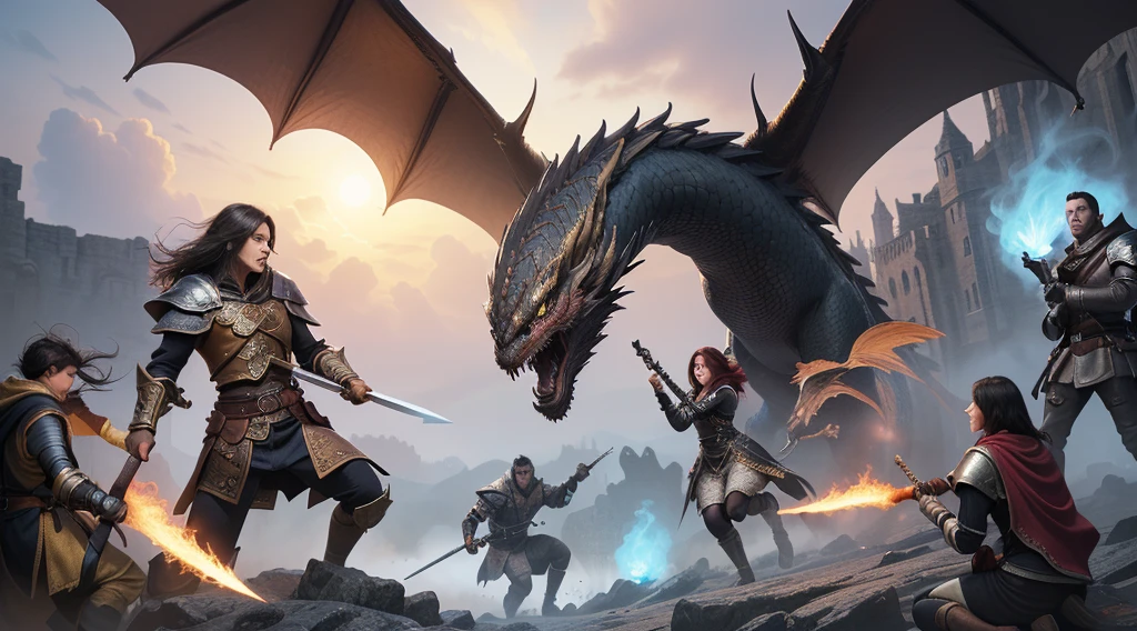4k Resolution,a group of people(High Detailed face,body),standing around a dragon with a sword, d & d fantasy digital art, game dungeons and dragons(High Detailed Wings,Skins), hyperrealistic d & d fantasy art, dungeons and dragons fantasy art, dungeons and dragons artwork, d & d fantasy art, epic fantasy game art, dungeons and dragon, d & d dragon age warcraft, battle with dragon, fantasy game art