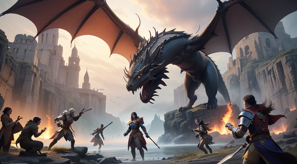 4k Resolution,a group of people(High Detailed face,body),standing around a dragon with a sword, d & d fantasy digital art, game dungeons and dragons(High Detailed Wings,Skins), hyperrealistic d & d fantasy art, dungeons and dragons fantasy art, dungeons and dragons artwork, d & d fantasy art, epic fantasy game art, dungeons and dragon, d & d dragon age warcraft, battle with dragon, fantasy game art