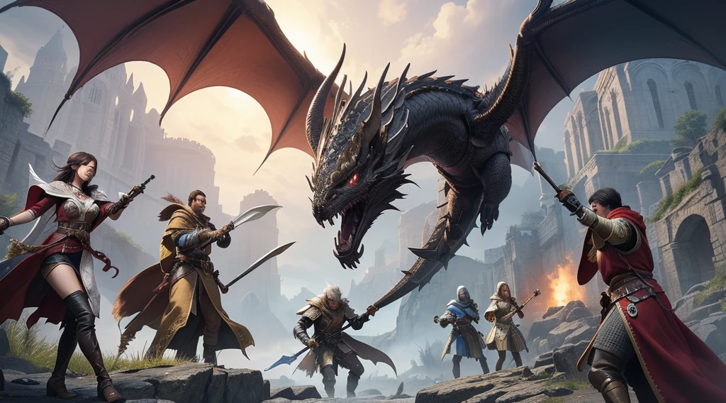 4k Resolution,a group of people(High Detailed face,body),standing around a dragon with a sword, d & d fantasy digital art, game dungeons and dragons(High Detailed Wings,Skins), hyperrealistic d & d fantasy art, dungeons and dragons fantasy art, dungeons and dragons artwork, d & d fantasy art, epic fantasy game art, dungeons and dragon, d & d dragon age warcraft, battle with dragon, fantasy game art