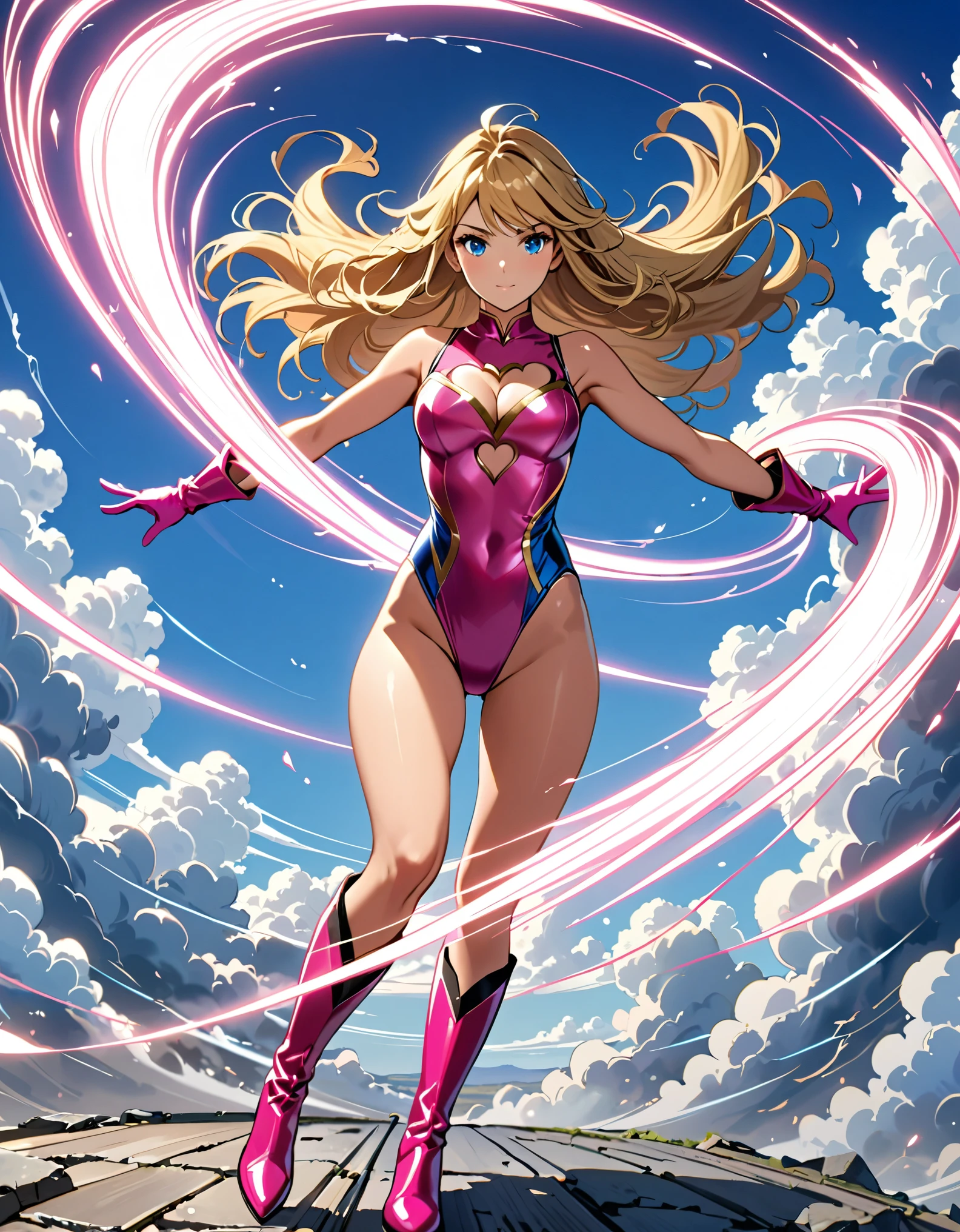 ((masterpiece)), ((best quality)), ((high res)), 1girl, solo, solo focus, ((leotard, perfect leotard, pink leotard, sleeveless, bare legs)), matching boots, looking at the viewer, blue sky backdrop, perfect hands, complete fingers, perfect anatomy, medium breasts, (blonde hair, long hair, mid-length hair, hair down, bangs), knee boots, blue eyes, beautiful detailed eyes, beautiful detailed face, cute face, (cleavage heart cutout), pink gloves, pink footwear, superhero, heroic, raised arms. She spins at an incredible speed, creating a whirlwind of air around her. She rotates her body in place at super speed. She spins fast in place like a tornado. Cyclone spinning. Rapid gyration. Tornado winds around her. She super-spins. Spiral lines around her body. Curved sword slash. Full body with costume.