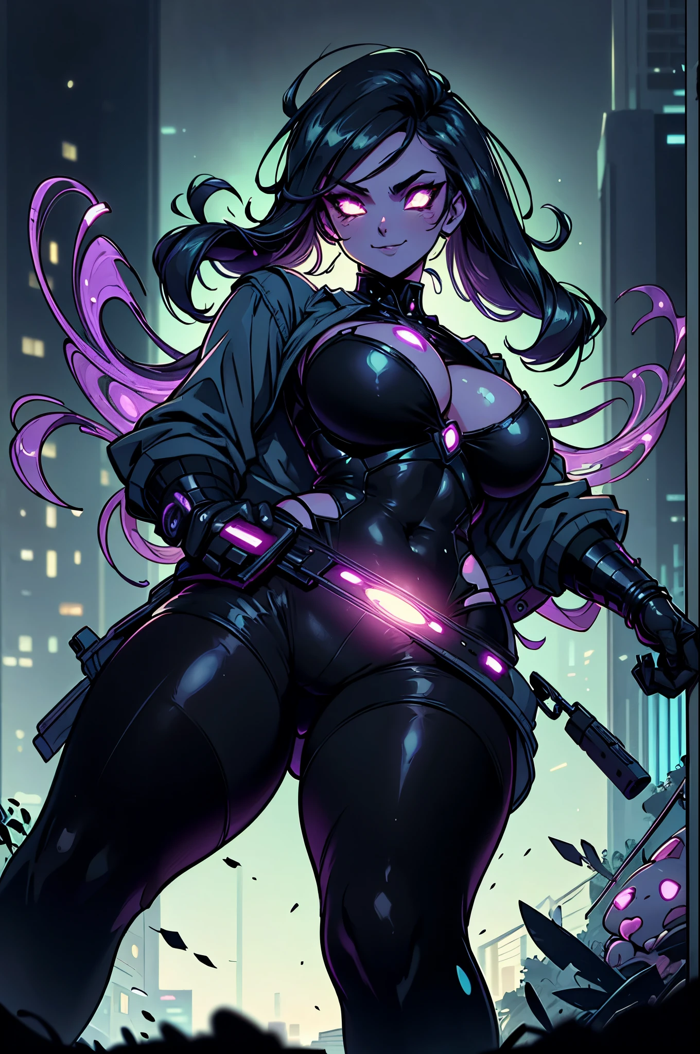 TimBurton Animation A futuristic businesswoman in formal cyber armor who is tough and impenetrable, holding a huge abstract alien gun with some neon lights and a stylish visor that covers her eyes because she is blind, and the display has neon square OLED screens and she has a menacing smile, and some faulty pixels are raining on your suit/armor as she points her gun at the roof of a future city