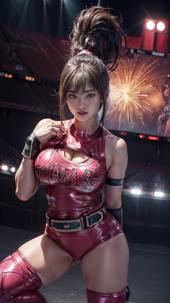 nsfw、Female professional wrestler、((Championship Belt))、expensive、smile、((In the Ring))、((Spotlight))、(((Big stadium)))、((Super big breasts))、((Super tight costume))、Wristband、(((Aggressive, outlandish and flashy costumes)))、((Elbow guard))、(Shin guard)、I can see your muscles、Hairstyle with bangs、((Sweat))、((Match venue))、Very beautiful woman、((Female Athletes))、(Detailed face)、Realistic Skin、((Delicate photo)),(Girl masterpiece RAW photo details:1.25), (Highest quality:1.6), (Ultra-high resolution:1.5), (Realistic:1.75), 8K resolution,50mm, Absurd, Super detailed,Cinema Lighting、