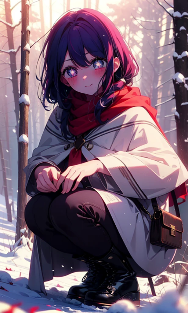 aihoshino, Ai Hoshino, Long Hair, bangs, (Purple eyes:1.1), Purple Hair, (Symbol-shaped pupil:1.5), smile,,smile,blush,White Breath,
Open your mouth,snow,Ground bonfire, Outdoor, boots, snowing, From the side, wood, suitcase, Cape, Blurred, , forest, White handbag, nature,  Squat, Mouth closed, Cape, winter, Written boundary depth, Black shoes, red Cape break looking at viewer, Upper Body, whole body, break Outdoor, forest, nature, break (masterpiece:1.2), Highest quality, High resolution, unity 8k wallpaper, (shape:0.8), (Beautiful and beautiful eyes:1.6), Highly detailed face, Perfect lighting, Extremely detailed CG, (Perfect hands, Perfect Anatomy),