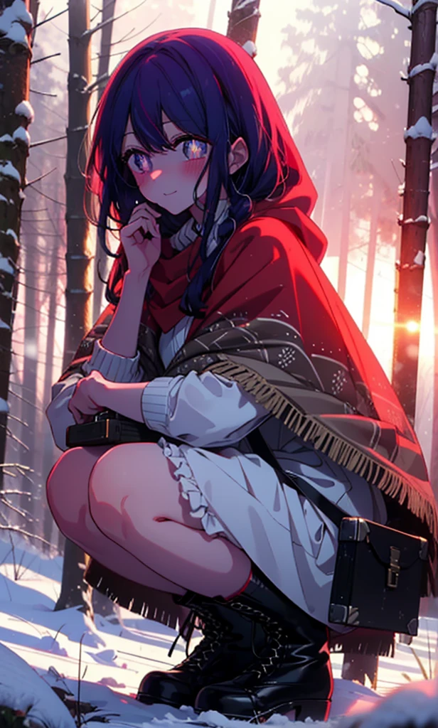 aihoshino, Ai Hoshino, Long Hair, bangs, (Purple eyes:1.1), Purple Hair, (Symbol-shaped pupil:1.5), smile,,smile,blush,White Breath,
Open your mouth,snow,Ground bonfire, Outdoor, boots, snowing, From the side, wood, suitcase, Cape, Blurred, , forest, White handbag, nature,  Squat, Mouth closed, Cape, winter, Written boundary depth, Black shoes, red Cape break looking at viewer, Upper Body, whole body, break Outdoor, forest, nature, break (masterpiece:1.2), Highest quality, High resolution, unity 8k wallpaper, (shape:0.8), (Beautiful and beautiful eyes:1.6), Highly detailed face, Perfect lighting, Extremely detailed CG, (Perfect hands, Perfect Anatomy),