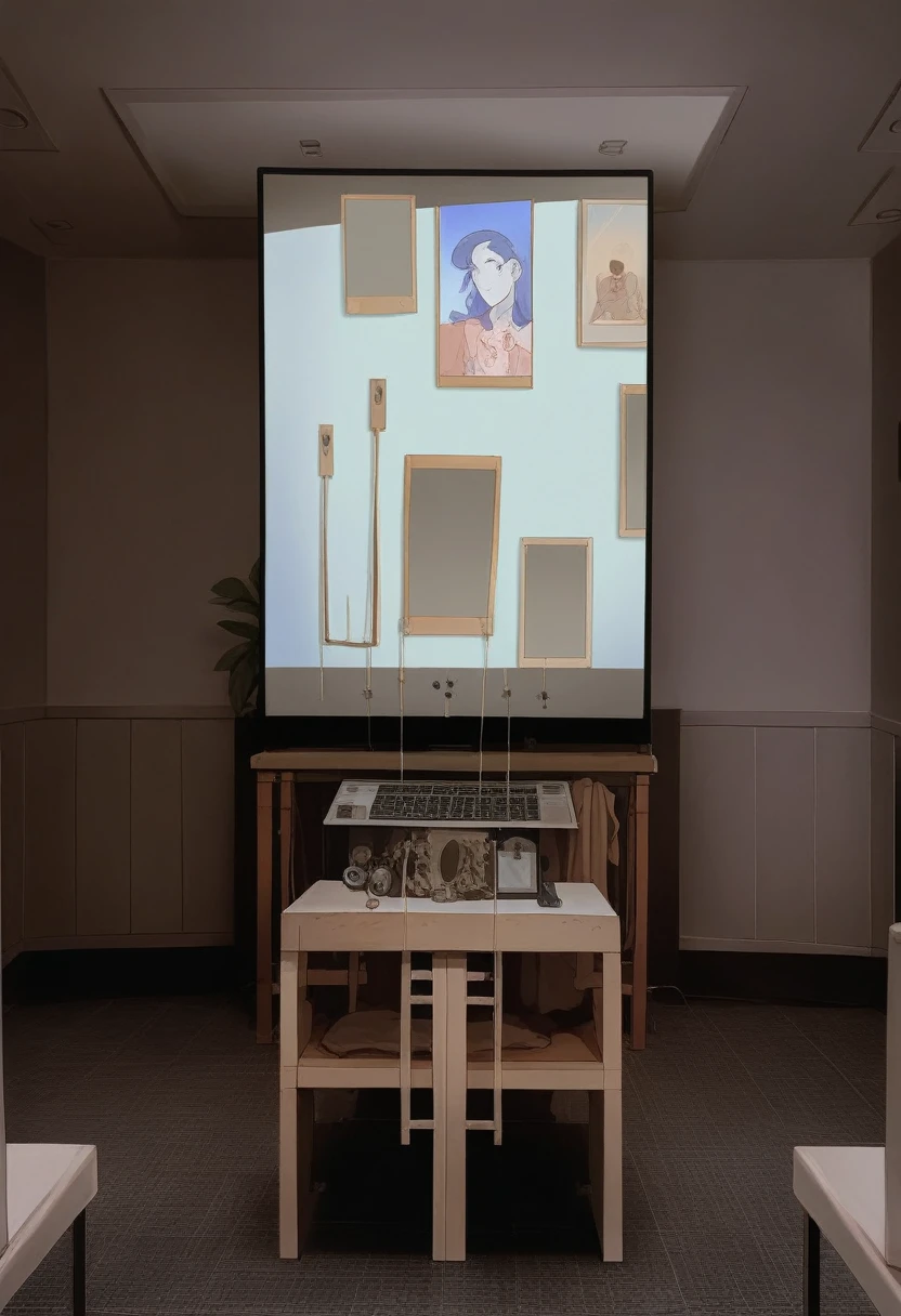 there is a The Big Picture in the middle of a room with chairs, masterpiece work of art, Projection Design Installation, gallery setting, large format image, Wall Digital Screen, masterpiece, Big video wall, movie, The Big Picture, Hyperrealism 8K, Hyperrealism 8 K, photo of the cinema screen, Widescreen Format, video art, Indoor Settings