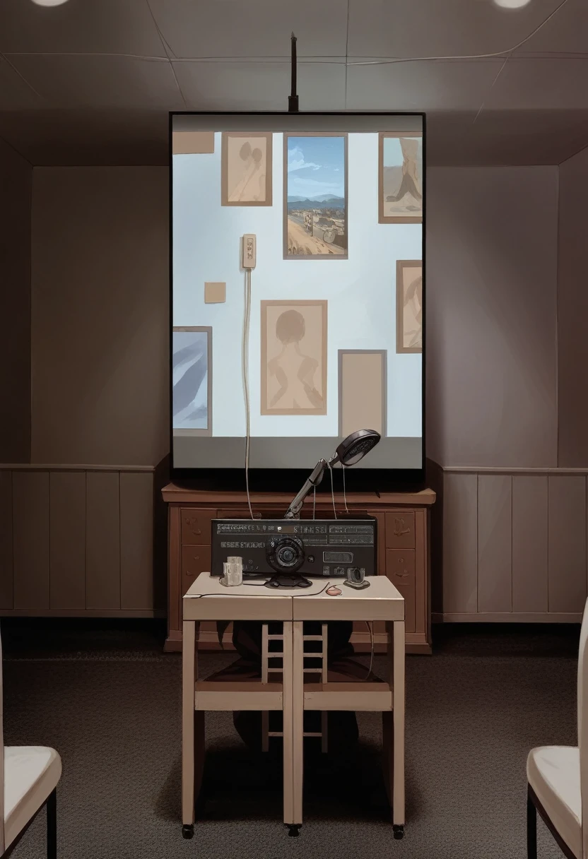 there is a The Big Picture in the middle of a room with chairs, masterpiece work of art, Projection Design Installation, gallery setting, large format image, Wall Digital Screen, masterpiece, Big video wall, movie, The Big Picture, Hyperrealism 8K, Hyperrealism 8 K, photo of the cinema screen, Widescreen Format, video art, Indoor Settings