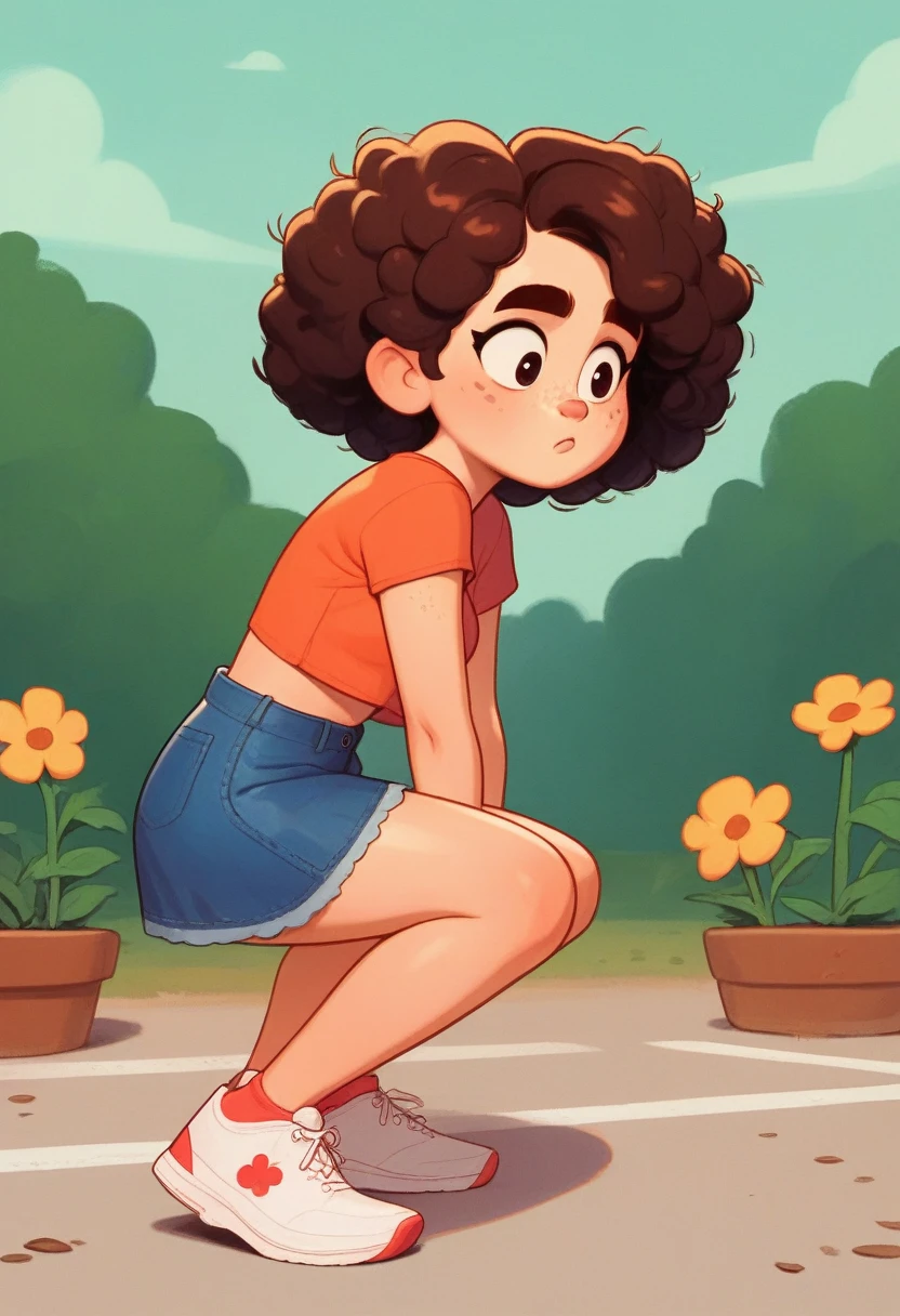 masterpiece，best quality，Cute doodles，, Honors Students, 10 years old，Low length，，curls, twin-tail hair，Energetic, Curious eyes，freckle，Thick eyebrows，Cropped T-shirt，Short denim mini skirt，open fly，Sunny day in rainy season，Lots of hydrangeas，sports shoes， Scent like flowers, Play with cats，