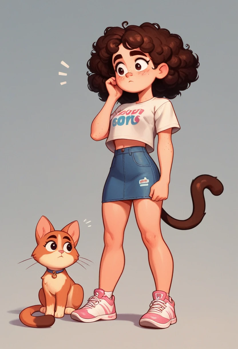 masterpiece,best quality,Cute doodles,, Honors Students, ,Low length,,curls, twin-tail hair,Energetic, Curious eyes,freckle,Thick eyebrows,Cropped T-shirt,Short denim mini skirt,open fly,Sunny day in rainy season,Lots of hydrangeas,sports shoes, Scent like flowers, Play with cats,
