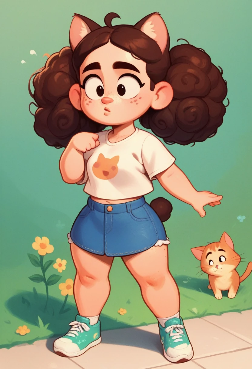 masterpiece，best quality，Cute doodles，, Honors Students, 10 years old，Low length，，curls, twin-tail hair，Energetic, Curious eyes，freckle，Thick eyebrows，Cropped T-shirt，Short denim mini skirt，open fly，Sunny day in rainy season，Lots of hydrangeas，sports shoes， Scent like flowers, Play with cats，