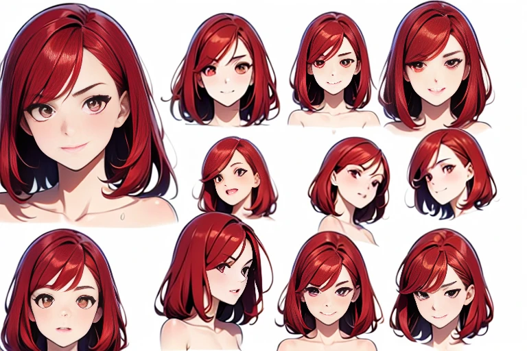 Highest quality,anime style, Detailed face, Character Sheet,(((young woman:1.5))), ((whole body:1.2)), Full of details, multiple postures and expressions, Very detailed, depth, 1 young woman, (masterpiece), 8KHighest quality, Expressive eyes, Perfect Face, High resolution, 1 Girl, alone,Character design sheet, (Redhead:1.5) (Female Body:1.3),smile, Medium Hair, (Orange eyes), (Female Body:1.3), clavicle, naked, Without clothes, Slender figure,Cleavage,seiza,Sitting pose, Blushed,Sweaty, glistening skin,Looking at the audience,(White background),Plain white background,