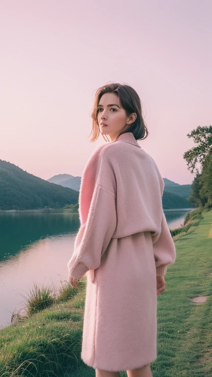 (Highly realistic photos, concentrate、High resolution,fine grain), Wes Anderson film color palette landscape, pink