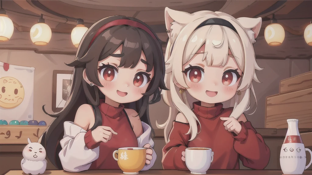 hight resolution、​masterpiece、1girl in、Bjorf、A dark-haired、short hair with long locks、white hairband、Look up、Kamimei、bending forward、smile、Bring your face closer、Red Eyes、Gold Earrings、Jewelry、off shoulders、Red Sweater、long-sleeve