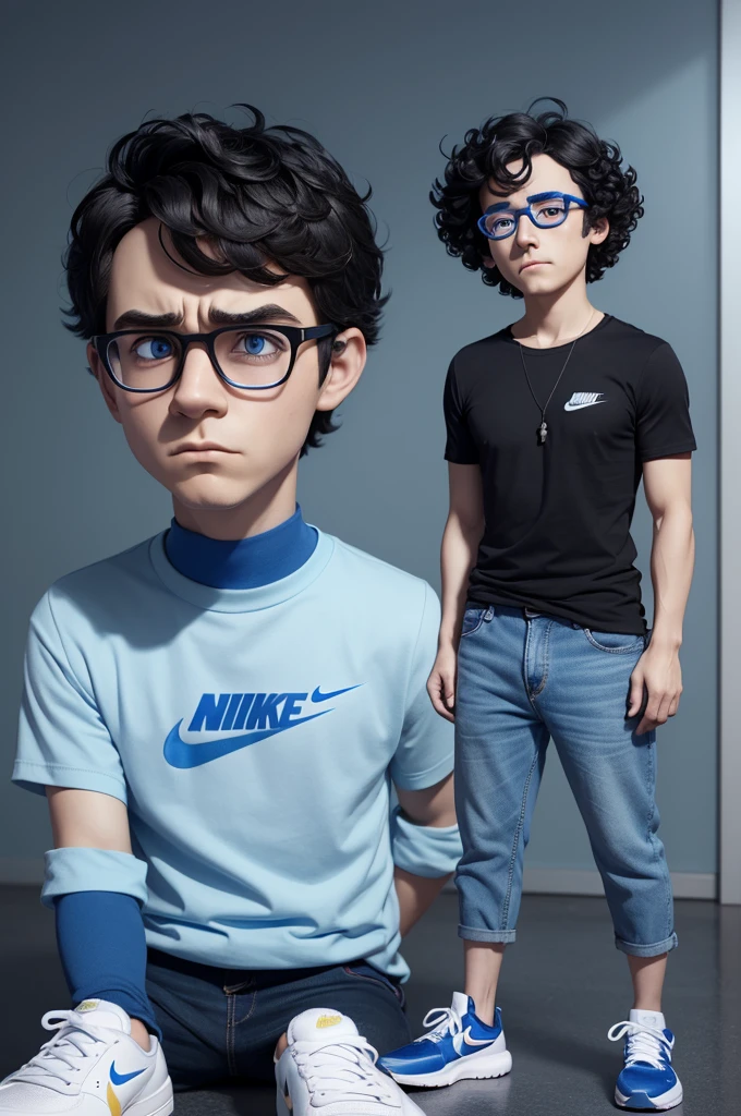 3D cartoon character of man from the movie Inside Out, disney pixar style, Sadness, with blue skin, eyes browns, round black glasses, short dark blue curly hair, white undershirt, high collar, blue jeans, Nike sneakers, expression of sadness on the face.