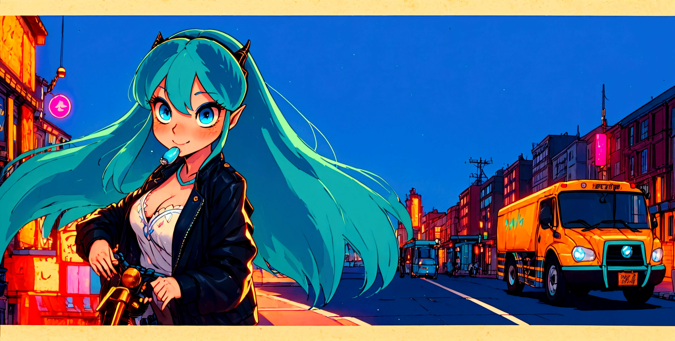 (score_9, score_8_up, score_7_up), lum, solo, long hair, bangs, blue hair, blue eyes, aqua hair, horns, eyeshadow, large breasts, looking at viewer, blush, a person riding a motorcycle, no helmet, leather jacket, hair blowing in the wind, on an overpass, neon city lights, left hand on the handlebar, (best quality,4k,8k,highres,masterpiece:1.2),ultra-detailed,detailed face and eyes, highly detailed, cinematic lighting, vibrant colors, dramatic atmosphere, motion blur, depth of field, licking a Chupa Chups lolly, pleasure on her face, bliss, mischievous smirk, intricate detailed facial features, high quality, 8k, beautiful detailed eyes, beautiful detailed lips, extremely detailed face, long eyelashes, vibrant colors, warm lighting, cinematic composition, dreamy atmosphere, fantasy, whimsical, magical realism, close-up motorcycle, from side, (full body),