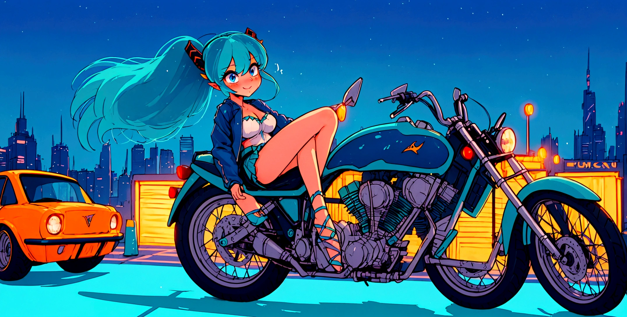 (score_9, score_8_up, score_7_up), lum, solo, long hair, bangs, blue hair, blue eyes, aqua hair, horns, eyeshadow, large breasts, looking at viewer, blush, a person riding a motorcycle, no helmet, leather jacket, hair blowing in the wind, on an overpass, neon city lights, left hand on the handlebar, (best quality,4k,8k,highres,masterpiece:1.2),ultra-detailed,detailed face and eyes, highly detailed, cinematic lighting, vibrant colors, dramatic atmosphere, motion blur, depth of field, licking a Chupa Chups lolly, pleasure on her face, bliss, mischievous smirk, intricate detailed facial features, high quality, 8k, beautiful detailed eyes, beautiful detailed lips, extremely detailed face, long eyelashes, vibrant colors, warm lighting, cinematic composition, dreamy atmosphere, fantasy, whimsical, magical realism, close-up motorcycle, from side, (full body),