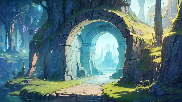 (best quality)), ((masterpiece)), (detailed), Caves with luminescent crystals, tunnels with minerals, a large rock door carved with geometric viking patterns, Mythological Dwarves, anime art style, HD, 4k