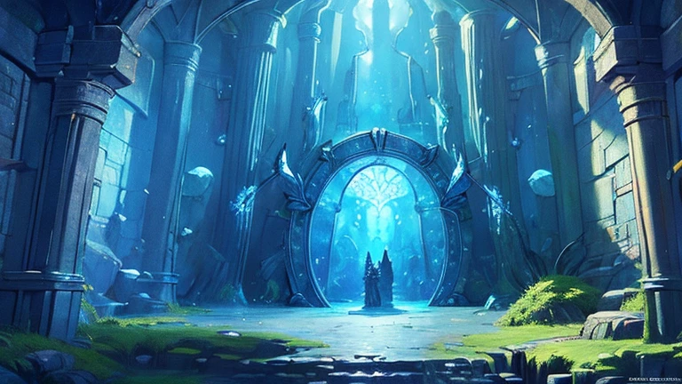 (best quality)), ((masterpiece)), (detailed), Caves with luminescent crystals, tunnels with minerals, a large rock door carved with geometric viking patterns, Mythological Dwarves, anime art style, HD, 4k