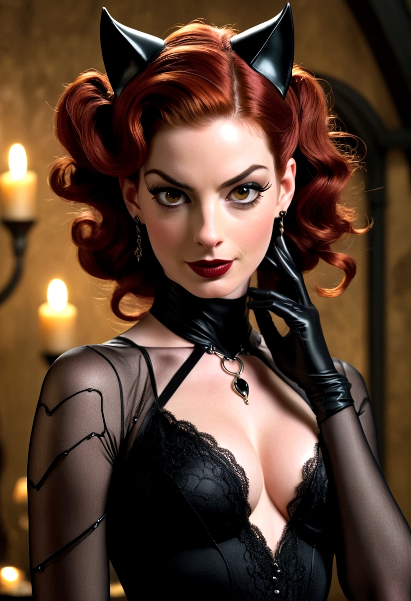 Full body shot Anne Hathaway catwoman, ringlets wavy five feet long red hair, updo hairstyle with ponytail on one side and long hairpins holding the bun long braid, strong thighs, dark red glossy lips, heavy black eye shadow long black eyeliner, long sharp claws, black lace beautiful and creative catwoman bodysuit with no jewels, huge cleavage, clear ears no earrings, no earrings, no earrings, no earrings, no jewels, beautiful forehead lace ornament, posing in a feminine catwoman den, happy expression, dark ambience night time candle lights. No faces on her chest!