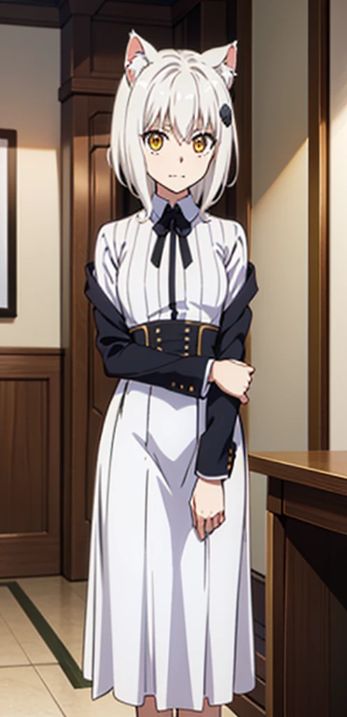 best quality, (masterpiece:1.2), highly detailed, standing, school, indoors, cat ears, 1girl, solo, tojou koneko, closed mouth, slight smile, yellow eyes, white hair, short hair, hair ornament, ,