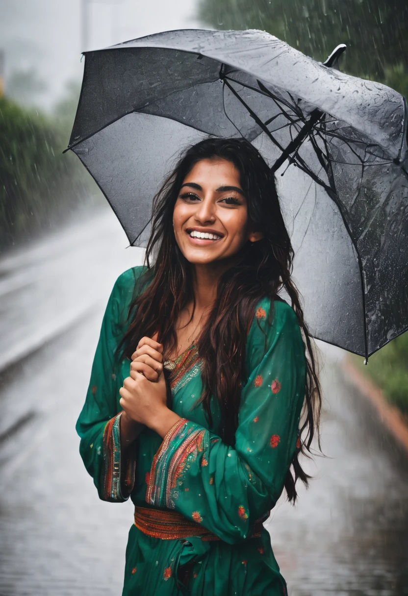  brunette with indian features happy in the rain