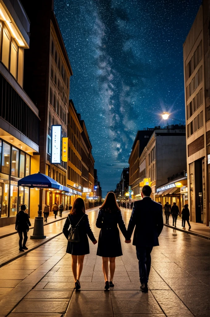 ((best quality)), ((masterpiece)), (detailed),A couple walking on the city street,The night breeze is blowing,Starry Night