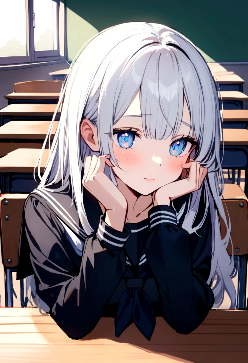 A girl with white hair, light skin, light blue eyes and medium Breast's, wearing a sailor fuku sitting at her desk in a classroom and wearing a black sailor fuku