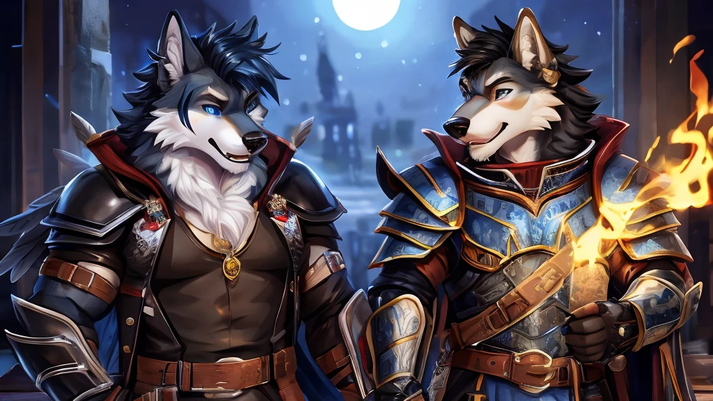 Wolf ,male ,Black feather ,穿着奇幻冒险家Leather Armor'Leather Armor , In the pub. , Another Wolf kissed his lips shyly. kiss, 接kiss. Sitting at the table, Hands on Hips, Being pulled closer, excited, Cute expression