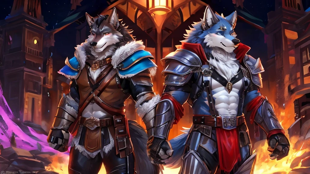 Wolf ,male ,Black feather ,穿着奇幻冒险家Leather Armor'Leather Armor , In the pub. , Another Wolf kissed his lips shyly. kiss, 接kiss. Sitting at the table, Hands on Hips, Being pulled closer, excited, Cute expression