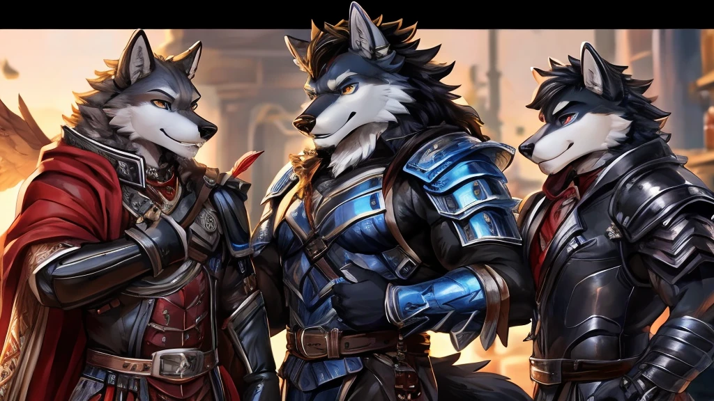 Wolf ,male ,Black feather ,穿着奇幻冒险家Leather Armor&#39;Leather Armor , In the pub. , Another Wolf kissed his lips shyly. kiss, 接kiss. Sitting at the table, Hands on Hips, Being pulled closer, excited, Cute expression 