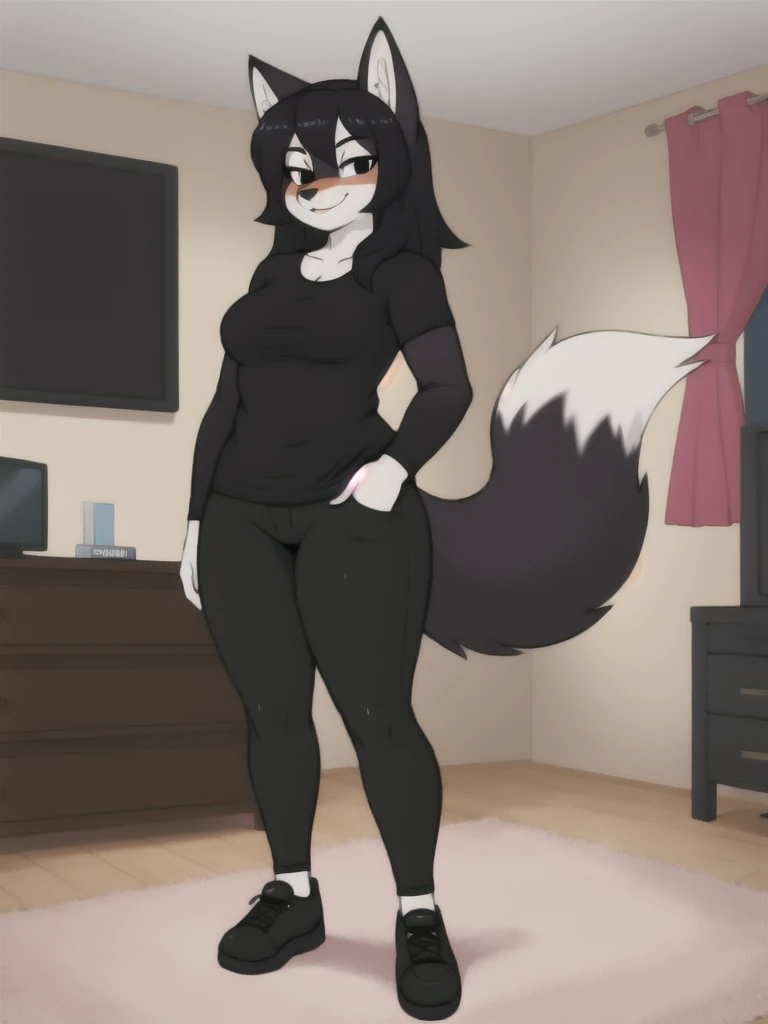 Furry, fox, female, black shirt, black leggings, shoes, bedroom, teen, standing, full body