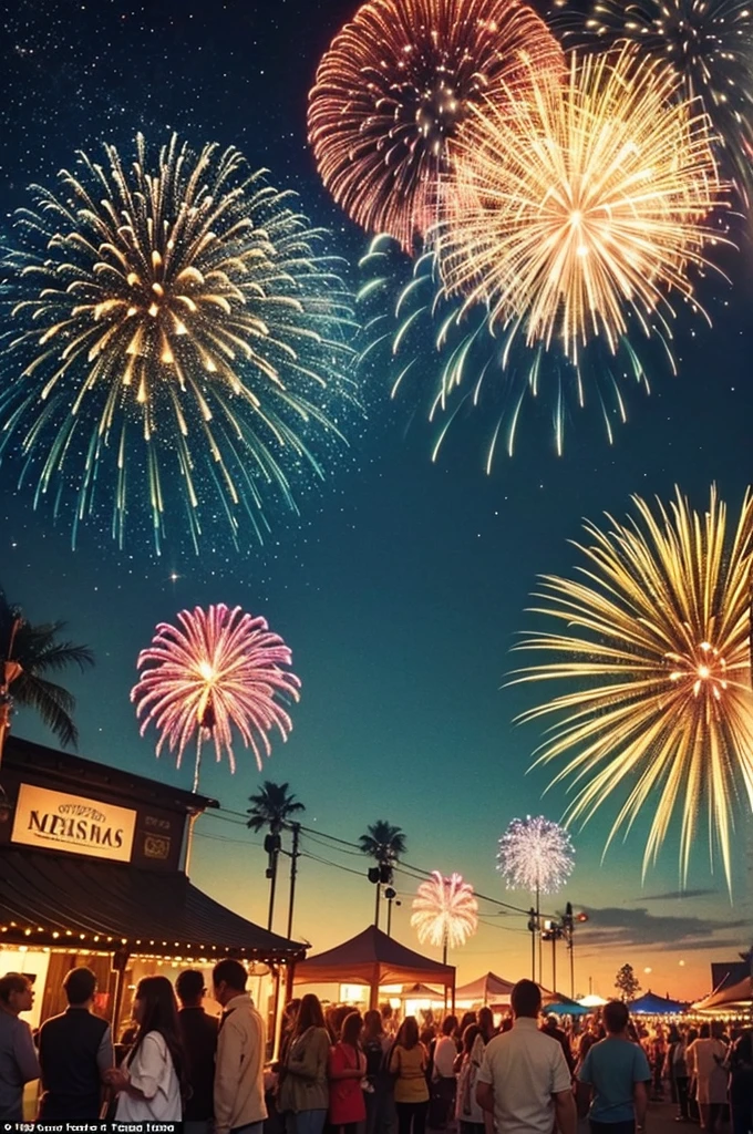 Please create a painting depicting a festival scene with fireworks, without people, and incorporating Christmas.
