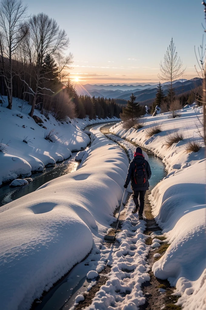 A body walking in narrow path on mountain , mountain has some snow and river flow in wally sunset theam somecrain drops