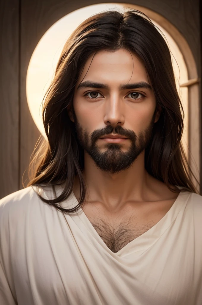 Create an image of Jesus Christ looking straight ahead. He should have a serene and compassionate expression, with eyes that convey love and wisdom. The background should be simple and soft, highlighting the central figure. The image should capture the essence of peace and spirituality.