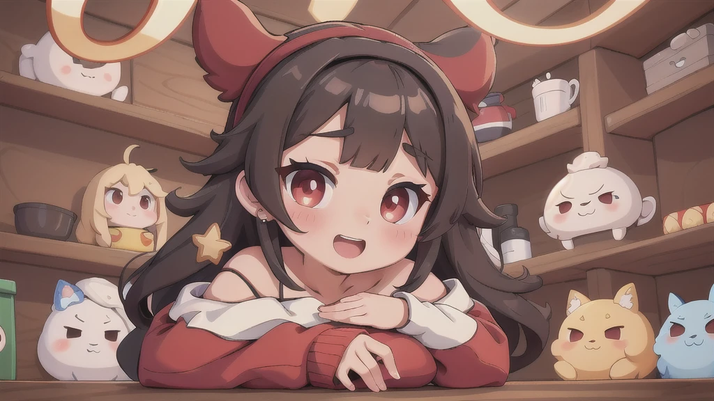 hight resolution、​masterpiece、1girl in、Bjorf、A dark-haired、short hair with long locks、white hairband、Kamimei、bending forward、Opening Mouth、Show your teeth and smile、Bring your face closer、Red Eyes、Gold Earrings、Jewelry、off shoulders、Red Sweater、long-sleeve