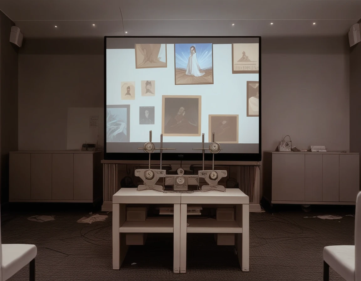 there is a The Big Picture in the middle of a room with chairs, masterpiece work of art, Projection Design Installation, gallery setting, large format image, Wall Digital Screen, masterpiece, Big video wall, movie, The Big Picture, Hyperrealism 8K, Hyperrealism 8 K, photo of the cinema screen, Widescreen Format, video art, Indoor Settings